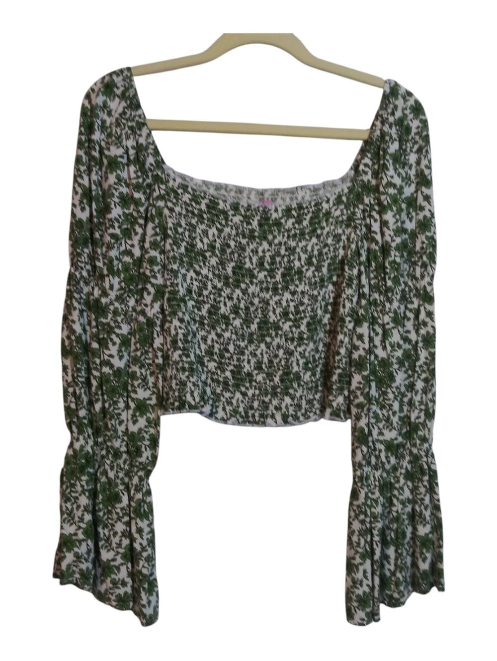 Miami Francesca's Smocked Square Neck Green Floral Crop Top Boho Bell Sleeve XL